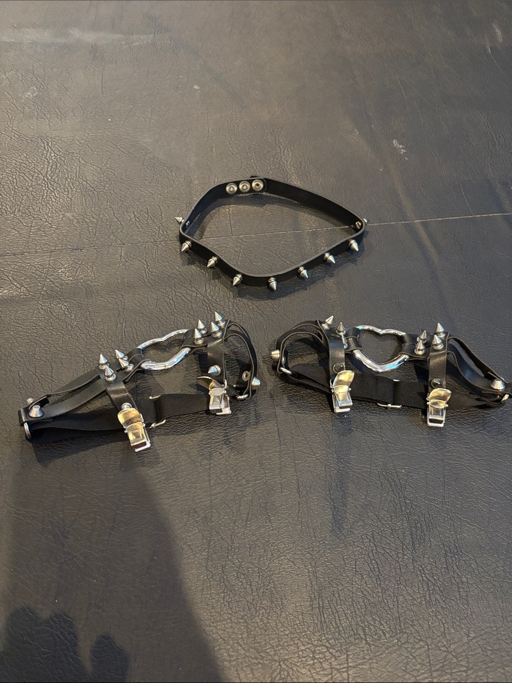 Black Spiked Leather Wrist and Neck Strap Set